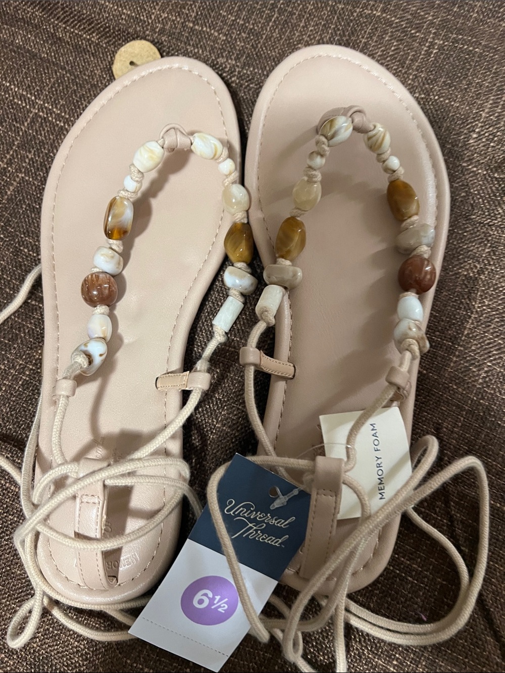 Universal Thread Beaded Lace-Up Sandals in Light Pink with Earth Tone Accents